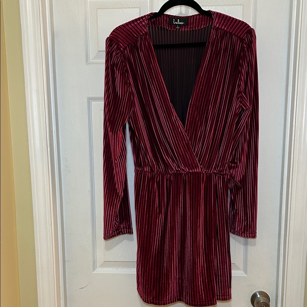 Lulus Burgundy Velvet Pleated Wrap Dress Long Sleeve